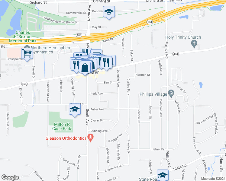 map of restaurants, bars, coffee shops, grocery stores, and more near 94 Park Avenue in Webster