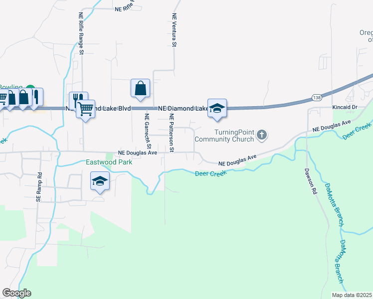 map of restaurants, bars, coffee shops, grocery stores, and more near 3028 Northeast Douglas Avenue in Roseburg