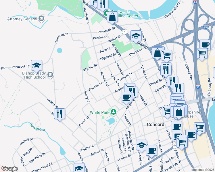 map of restaurants, bars, coffee shops, grocery stores, and more near 128 Rumford Street in Concord