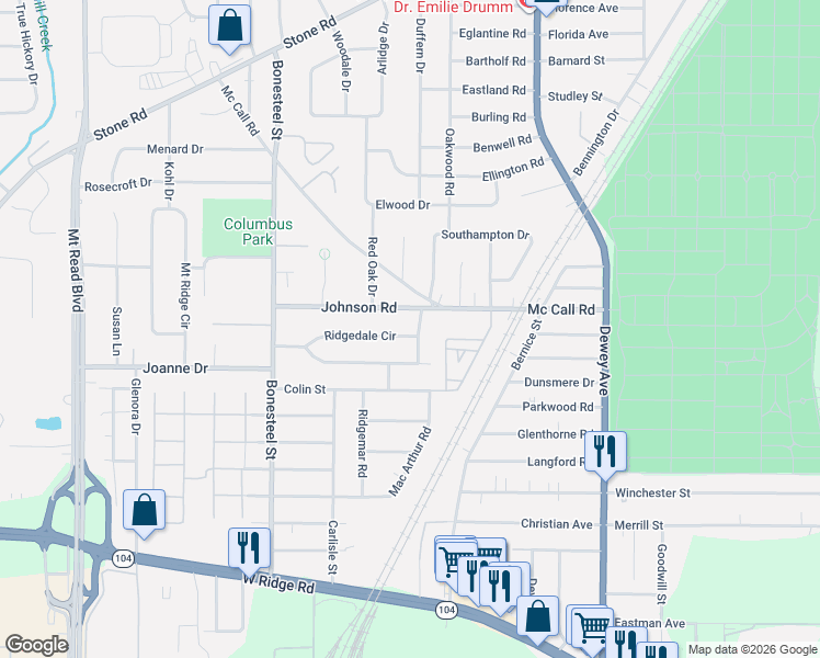 map of restaurants, bars, coffee shops, grocery stores, and more near 57 Woodside Lane in Rochester