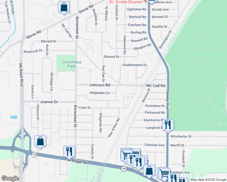 map of restaurants, bars, coffee shops, grocery stores, and more near 57 Woodside Lane in Rochester