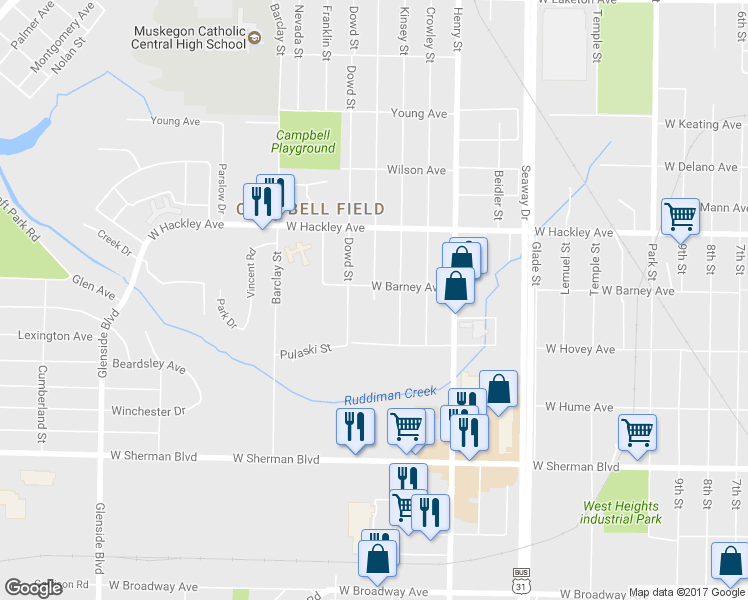 map of restaurants, bars, coffee shops, grocery stores, and more near 2315 Hudson Street in Muskegon