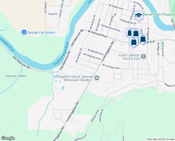 map of restaurants, bars, coffee shops, grocery stores, and more near 123 West River Ridge Avenue in Roseburg