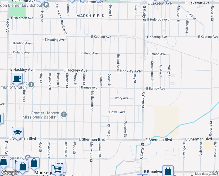 map of restaurants, bars, coffee shops, grocery stores, and more near 600 East Barney Avenue in Muskegon Heights