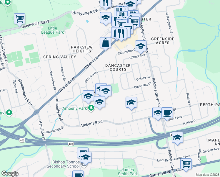 map of restaurants, bars, coffee shops, grocery stores, and more near 142 Council Crescent in Hamilton