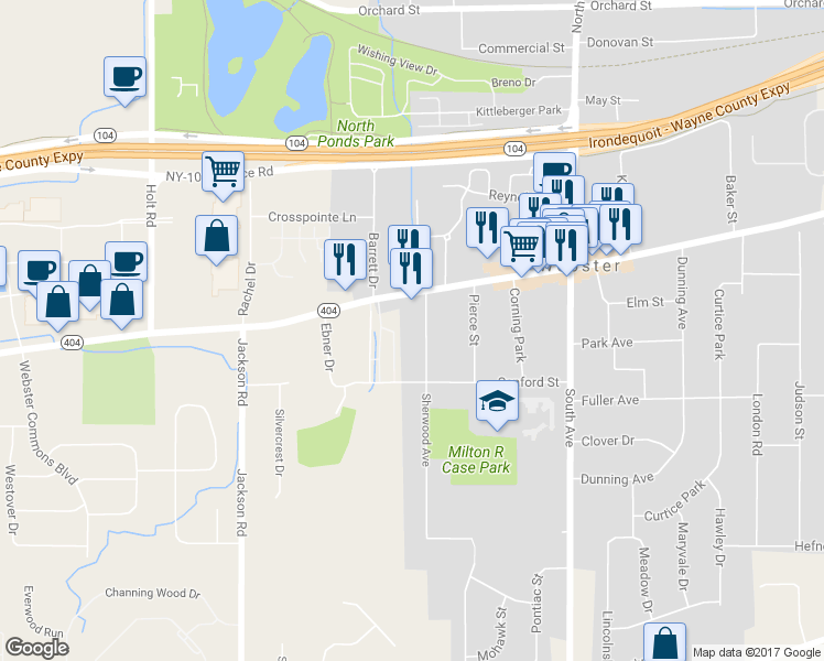 map of restaurants, bars, coffee shops, grocery stores, and more near 15 Sherwood Avenue in Webster