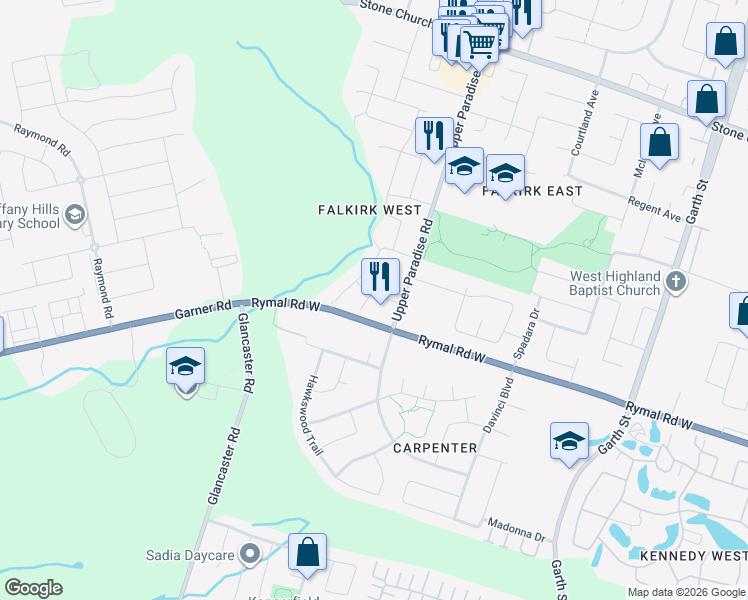 map of restaurants, bars, coffee shops, grocery stores, and more near 3 Oasis Court in Hamilton