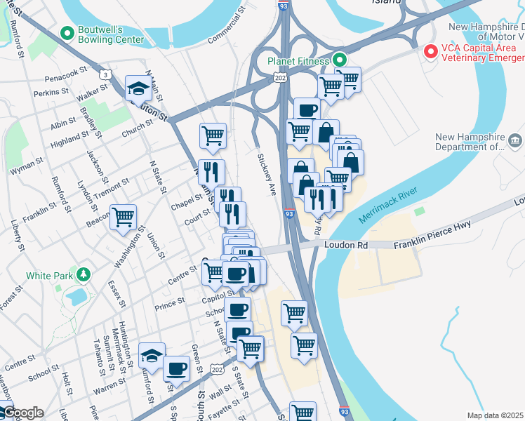 map of restaurants, bars, coffee shops, grocery stores, and more near 11 Stickney Avenue in Concord