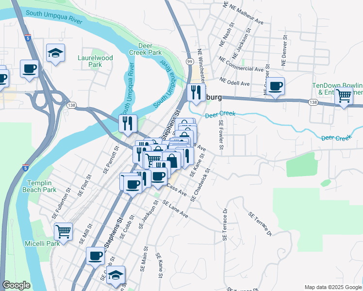 map of restaurants, bars, coffee shops, grocery stores, and more near 424 Southeast Jackson Street in Roseburg