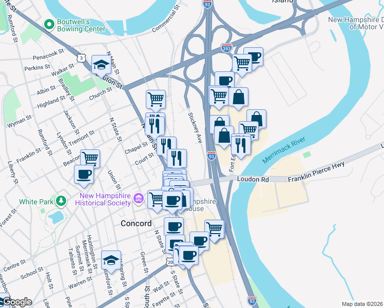 map of restaurants, bars, coffee shops, grocery stores, and more near 11 Stickney Ave in Concord