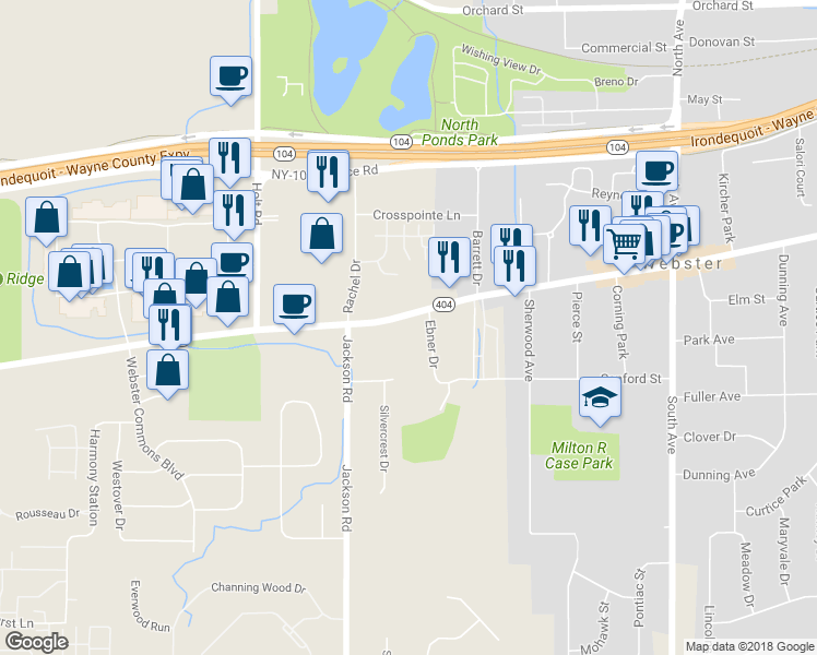map of restaurants, bars, coffee shops, grocery stores, and more near 1183 Ridge Road in Webster