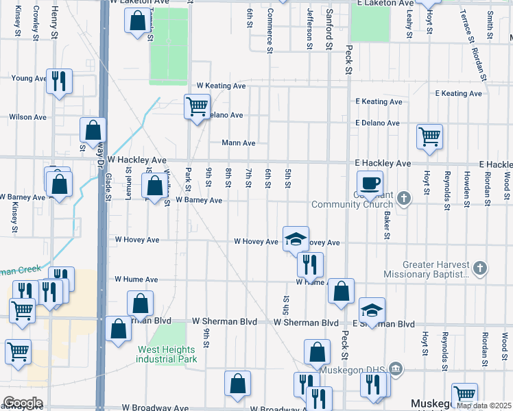 map of restaurants, bars, coffee shops, grocery stores, and more near 2301 6th Street in Muskegon Heights