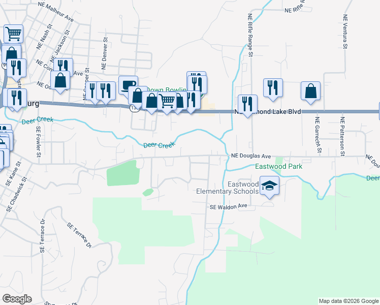 map of restaurants, bars, coffee shops, grocery stores, and more near 2114 Southeast Douglas Avenue in Roseburg