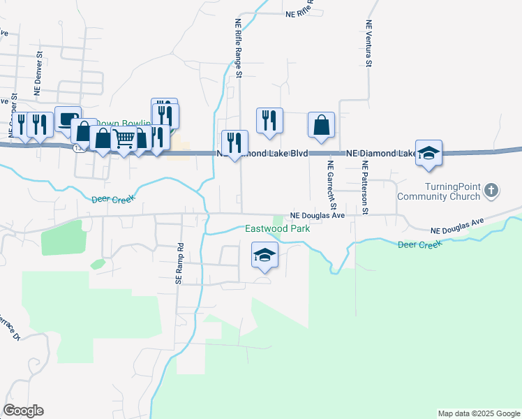 map of restaurants, bars, coffee shops, grocery stores, and more near 2714 Northeast Douglas Avenue in Roseburg
