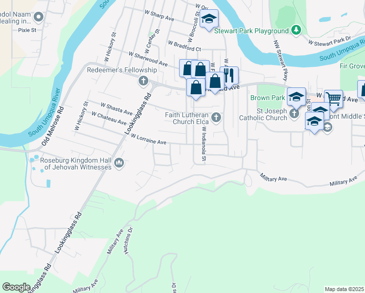 map of restaurants, bars, coffee shops, grocery stores, and more near 2719 West Lorraine Avenue in Roseburg