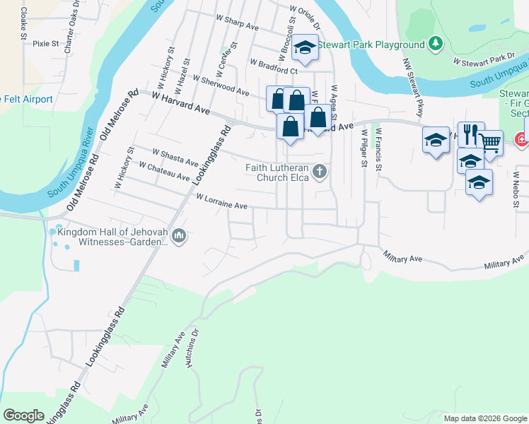 map of restaurants, bars, coffee shops, grocery stores, and more near 2749 West Lorraine Avenue in Roseburg