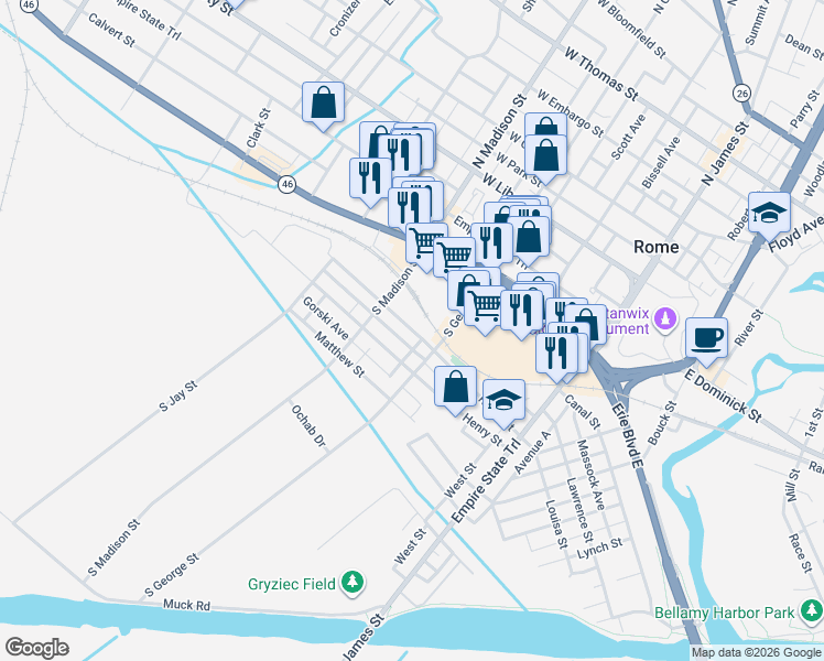 map of restaurants, bars, coffee shops, grocery stores, and more near 328 Ridge St in Rome