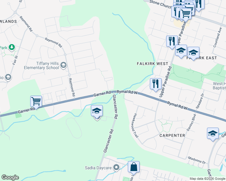map of restaurants, bars, coffee shops, grocery stores, and more near 1175 Garner Road East in Hamilton