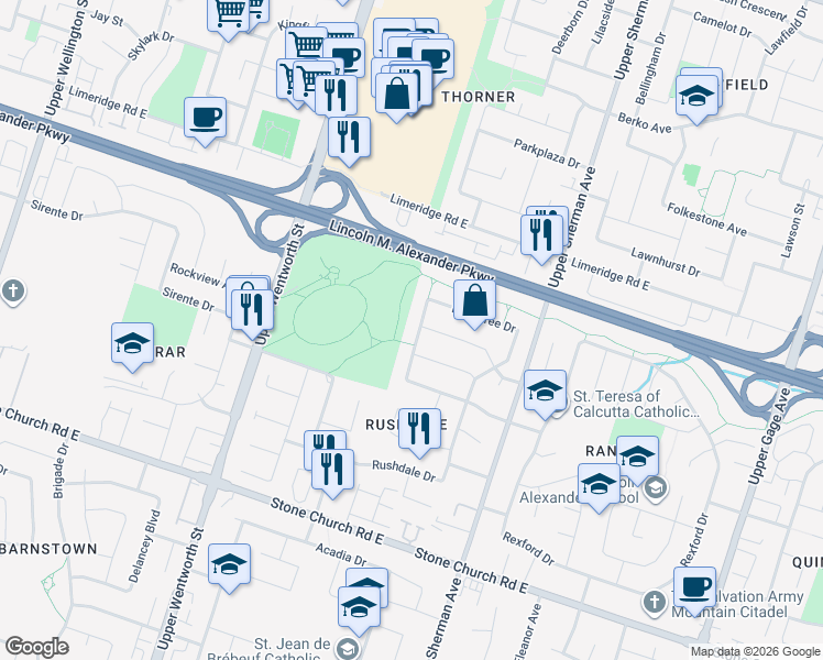 map of restaurants, bars, coffee shops, grocery stores, and more near 142 Rowntree Drive in Hamilton