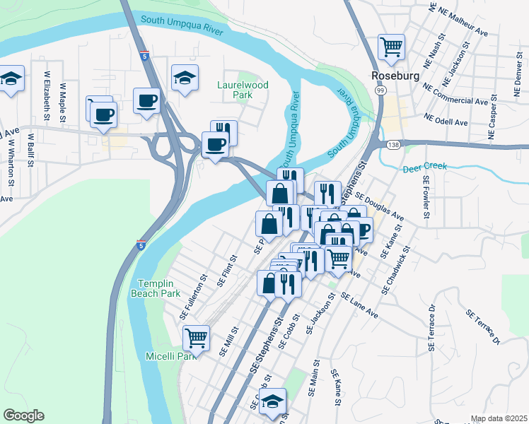 map of restaurants, bars, coffee shops, grocery stores, and more near 633 Southeast Flint Street in Roseburg