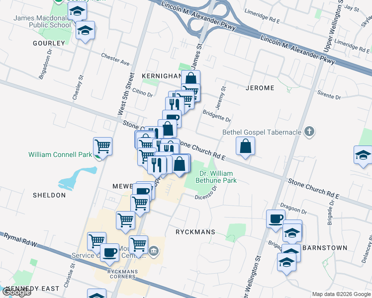 map of restaurants, bars, coffee shops, grocery stores, and more near 32 Stone Church Road East in Hamilton