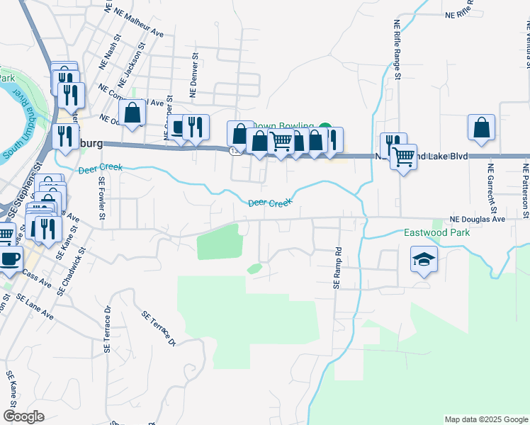 map of restaurants, bars, coffee shops, grocery stores, and more near 1916 Southeast Douglas Avenue in Roseburg