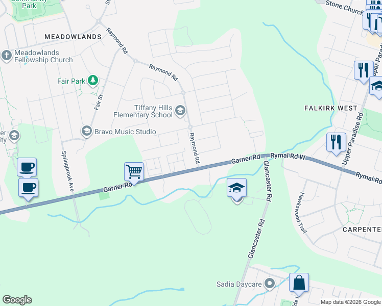 map of restaurants, bars, coffee shops, grocery stores, and more near 335 Raymond Road in Hamilton