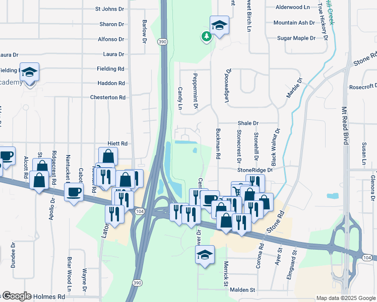 map of restaurants, bars, coffee shops, grocery stores, and more near 600 Center Place Drive in Rochester