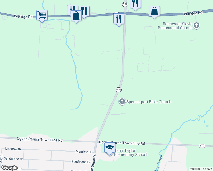 map of restaurants, bars, coffee shops, grocery stores, and more near 1919 North Union Street in Spencerport