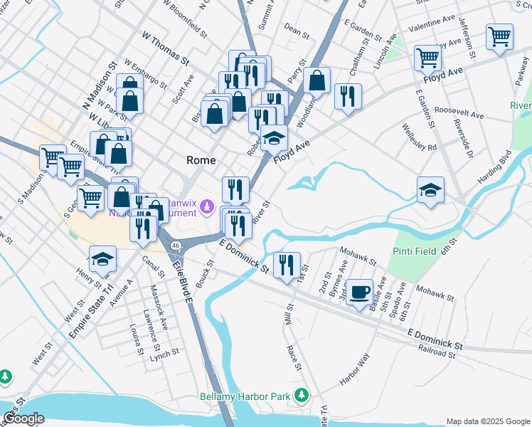map of restaurants, bars, coffee shops, grocery stores, and more near 132 River Street in Rome
