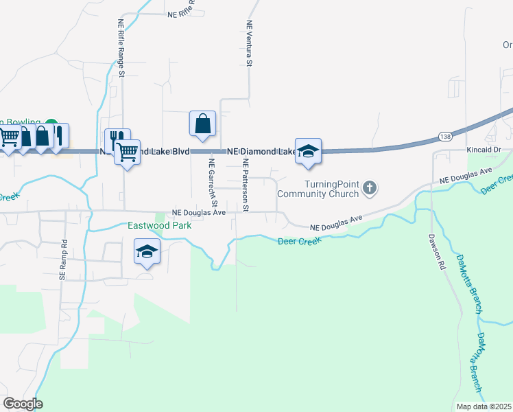 map of restaurants, bars, coffee shops, grocery stores, and more near 3028 Northeast Douglas Avenue in Roseburg