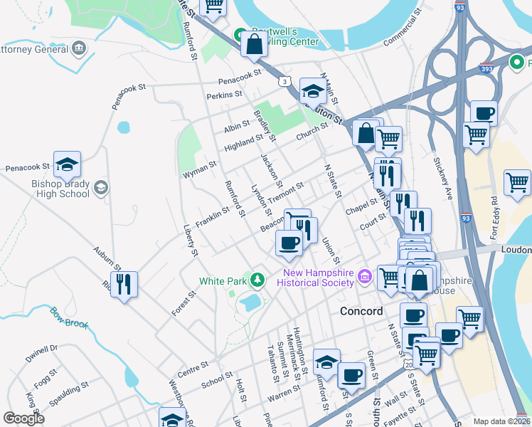 map of restaurants, bars, coffee shops, grocery stores, and more near 29 Lyndon Street in Concord