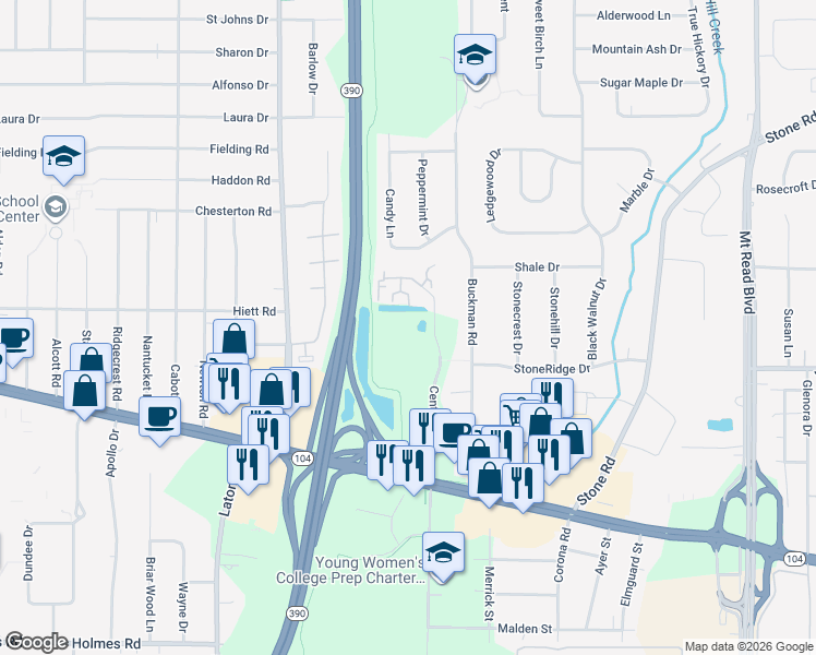map of restaurants, bars, coffee shops, grocery stores, and more near 600 Center Place Drive in Rochester