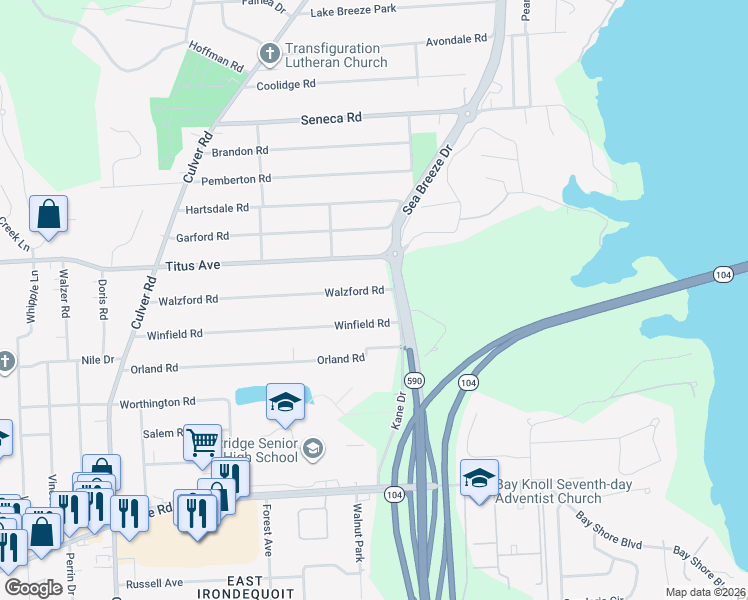 map of restaurants, bars, coffee shops, grocery stores, and more near 347 Walzford Road in Rochester
