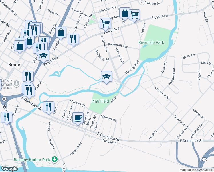map of restaurants, bars, coffee shops, grocery stores, and more near 620 East Bloomfield Street in Rome