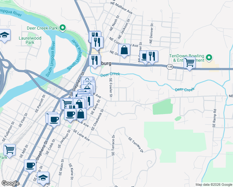 map of restaurants, bars, coffee shops, grocery stores, and more near 342 Southeast Pitzer Street in Roseburg