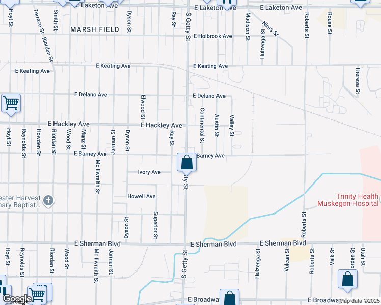 map of restaurants, bars, coffee shops, grocery stores, and more near 2294 South Getty Street in Muskegon