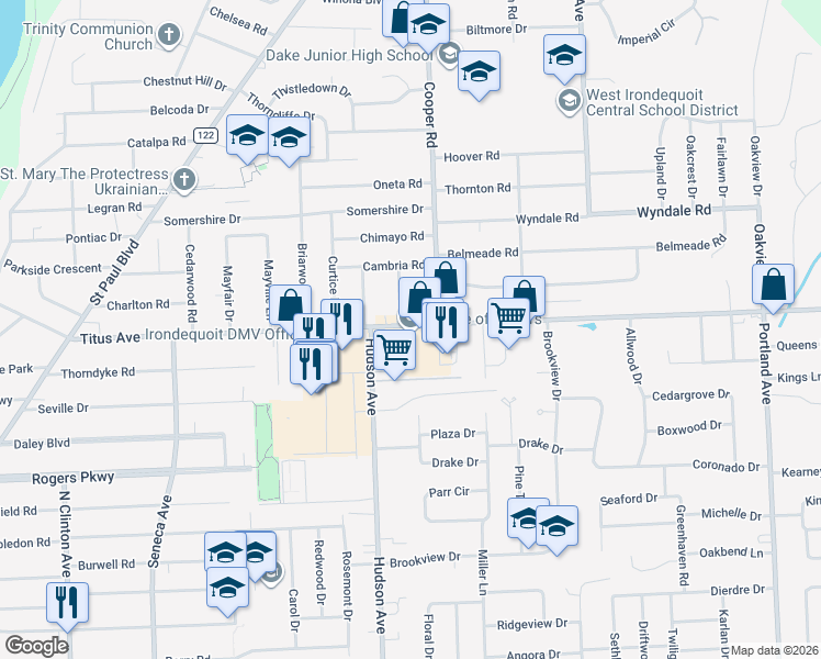 map of restaurants, bars, coffee shops, grocery stores, and more near 645 County Road 91 in Irondequoit