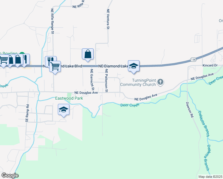 map of restaurants, bars, coffee shops, grocery stores, and more near 3028 Northeast Douglas Avenue in Roseburg