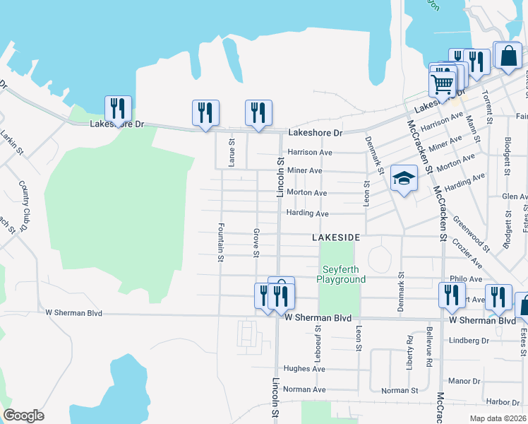 map of restaurants, bars, coffee shops, grocery stores, and more near 2435 Harding Avenue in Muskegon
