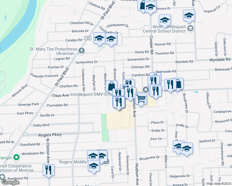 map of restaurants, bars, coffee shops, grocery stores, and more near Titus Avenue & Briarwood Drive in Irondequoit