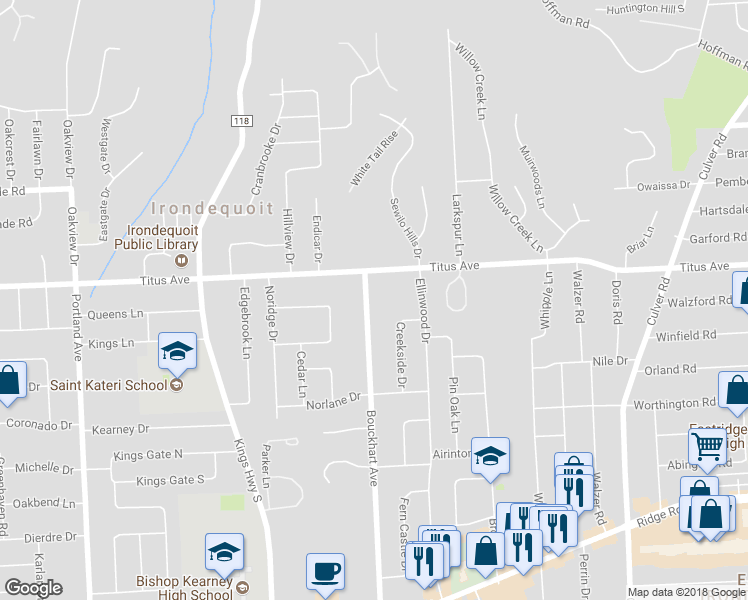 map of restaurants, bars, coffee shops, grocery stores, and more near 500 Bouckhart Avenue in Rochester
