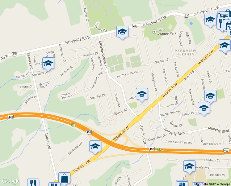 map of restaurants, bars, coffee shops, grocery stores, and more near 22 Galley Road in Hamilton