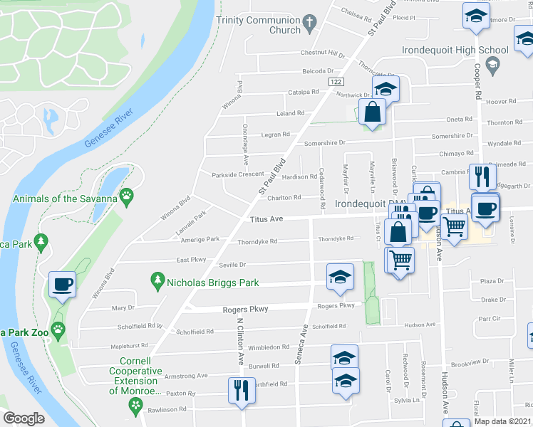 map of restaurants, bars, coffee shops, grocery stores, and more near 220 Titus Avenue in Rochester