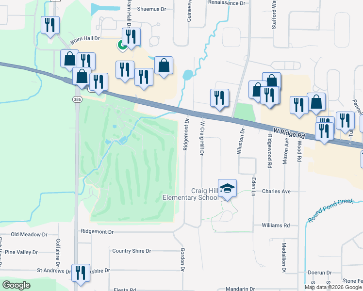 map of restaurants, bars, coffee shops, grocery stores, and more near 100 Ridgemont Drive in Rochester
