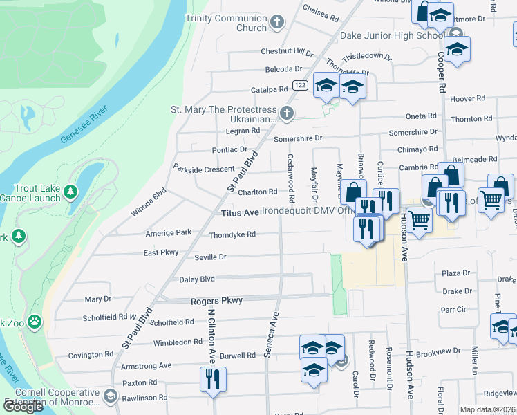 map of restaurants, bars, coffee shops, grocery stores, and more near 268 Titus Avenue in Irondequoit