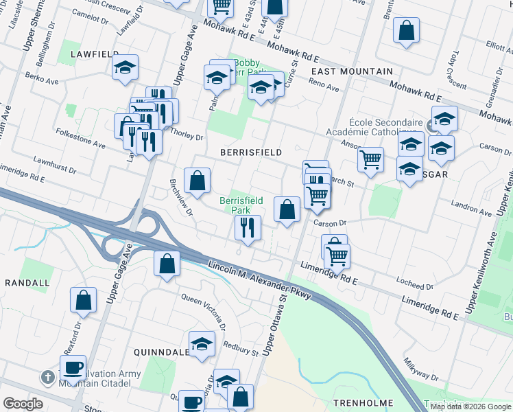 map of restaurants, bars, coffee shops, grocery stores, and more near 46 Brett Court in Hamilton