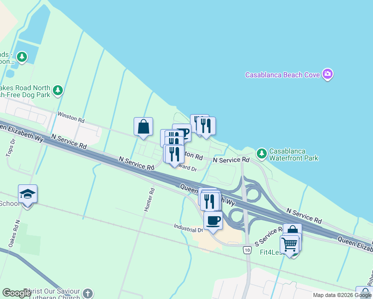 map of restaurants, bars, coffee shops, grocery stores, and more near 53 Esplanade Lane in Grimsby