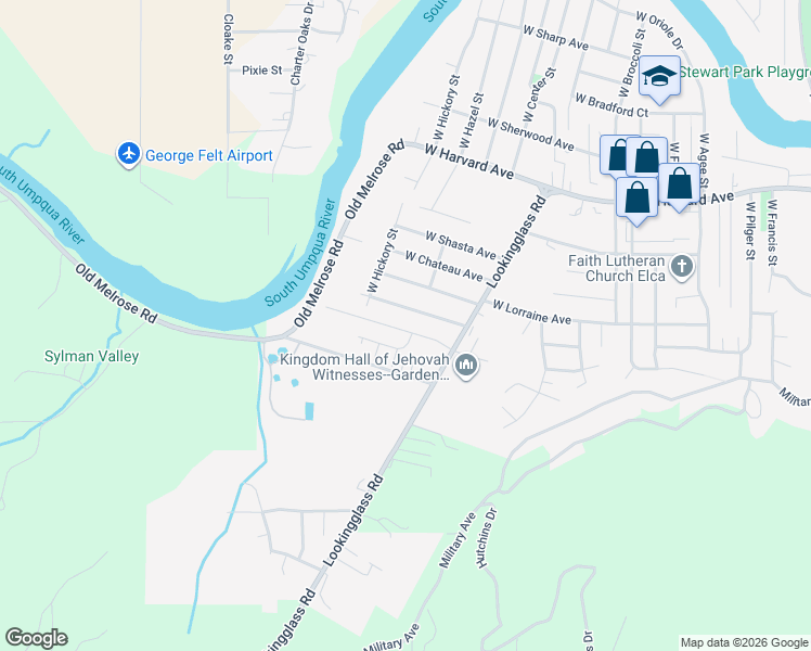 map of restaurants, bars, coffee shops, grocery stores, and more near 123 West River Ridge Avenue in Roseburg