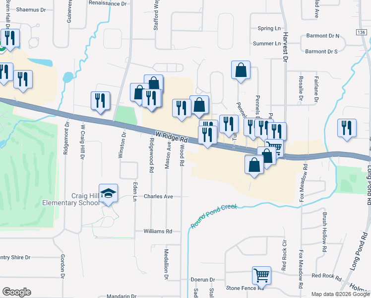 map of restaurants, bars, coffee shops, grocery stores, and more near 26 Wood Road in Rochester